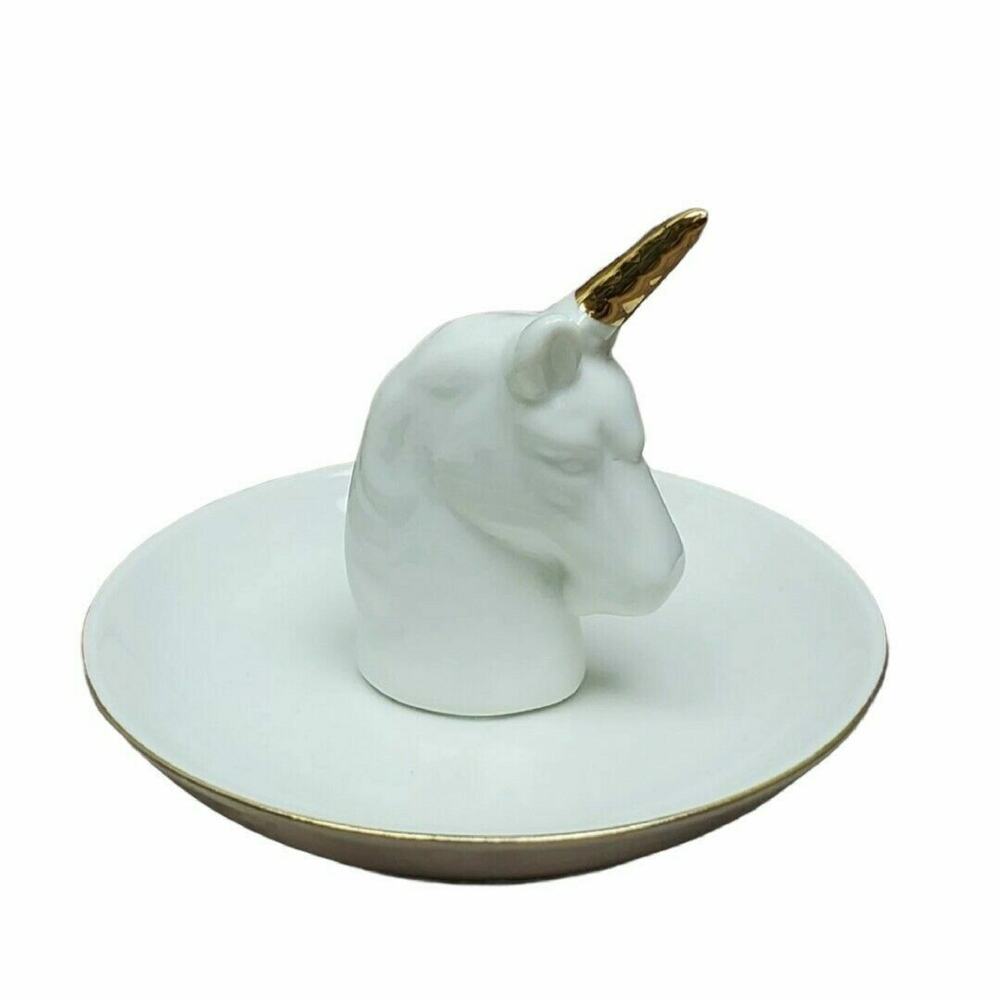 Unicorn Trinket Dish Tray Jewelry Ring Holder Ceramic White Gold‎ Gift Teen Girl